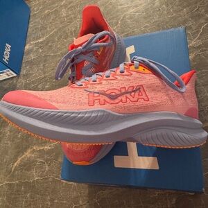Hoka One One Women's Vibrant Pink and Light Blue Sneakers
